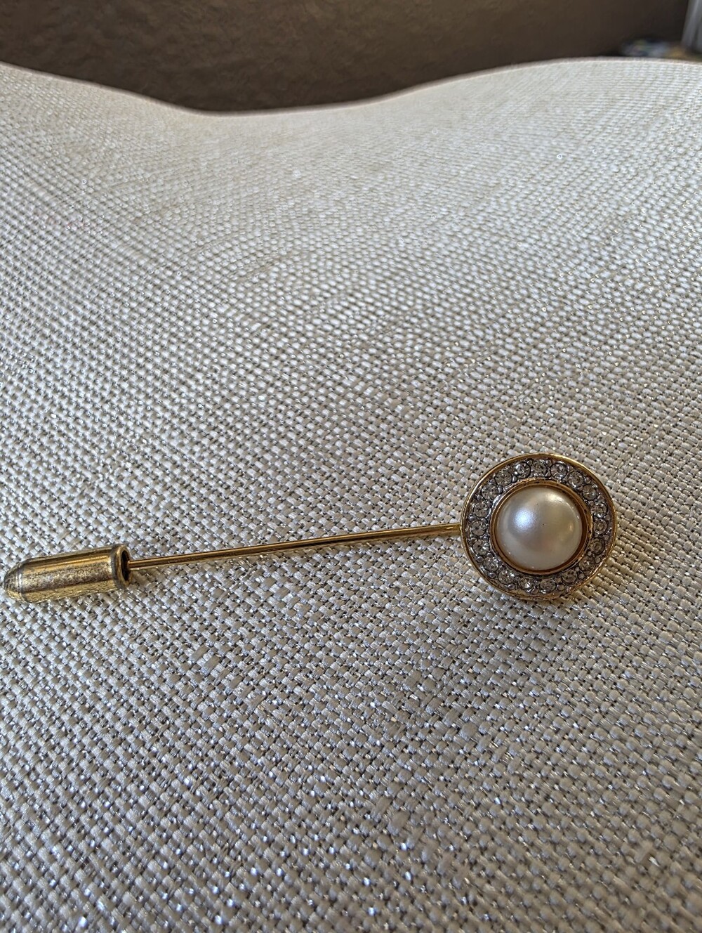 Vintage Crown Trifari Pearl & Rhinestone Halo Stick Pin 1950s - Picture 6 of 10